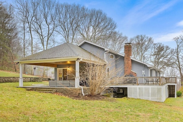 285 Still River Rd, Bolton, MA 01740 - rear view of property featuring a deck, a chimney, a yard, and roof with shingles