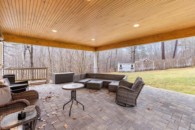 285 Still River Rd, Bolton, MA 01740 - view of patio / terrace with an outdoor living space, an outdoor structure, and a fenced backyard