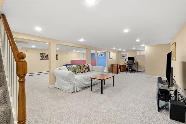 living room featuring stairway, baseboards, a baseboard heating unit, light colored carpet, and recessed lighting