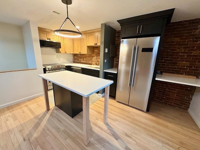 191 W Canton Unit 1, Boston, MA 02116 - kitchen with appliances with stainless steel finishes, range hood, light countertops, light wood finished floors, and baseboards
