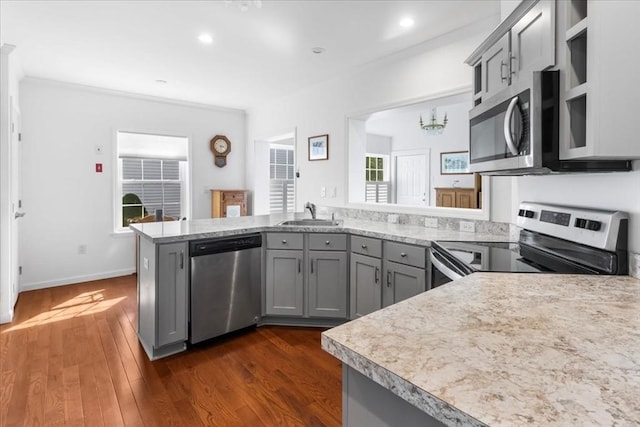 23 Brookstone Unit 23, Bridgewater, MA 02324 - kitchen with stainless steel appliances, gray cabinets, a peninsula, and recessed lighting