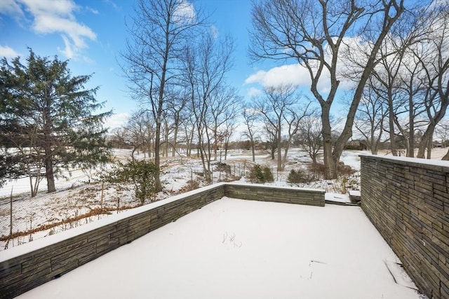 yard covered in snow featuring a patio area