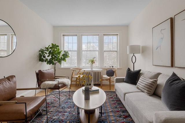 living area with baseboards and wood finished floors