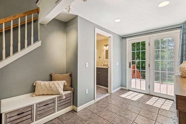 2 Strawstone Ln, Norton, MA 02766 - sitting room featuring baseboards, recessed lighting, stairs, and tile patterned floors