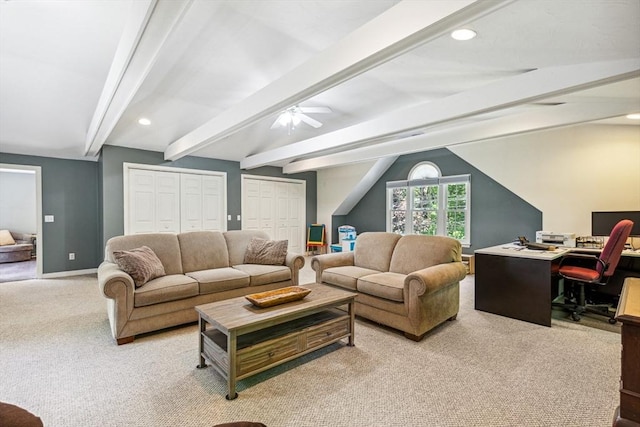 2 Strawstone Ln, Norton, MA 02766 - carpeted living room with an office area, a ceiling fan, baseboards, and recessed lighting