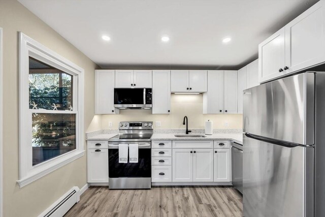 kitchen featuring a sink, stainless steel appliances, light wood-style floors, white cabinetry, and a baseboard radiator