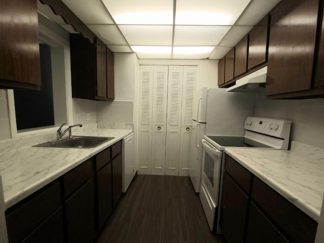 55 Greentree Ln Unit 27, Weymouth, MA 02190 - kitchen featuring white appliances, under cabinet range hood, dark wood-style flooring, a paneled ceiling, and light countertops