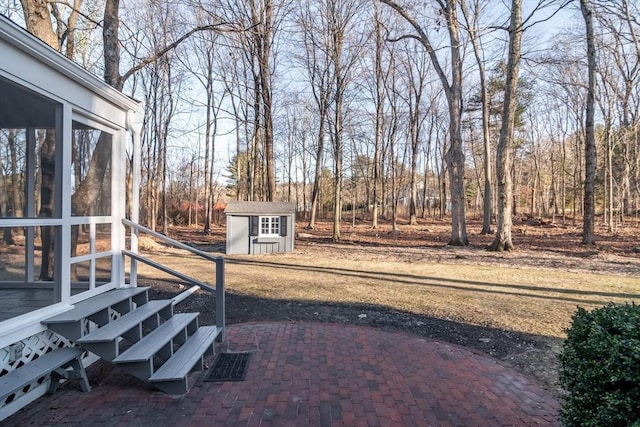 view of yard with a patio and a storage shed