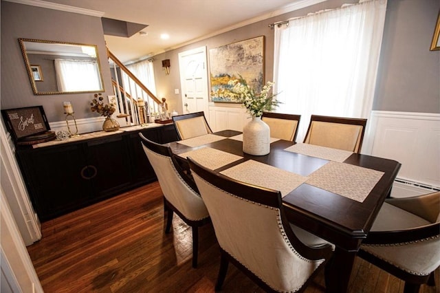 10 Albermarle St, Methuen, MA 01844 - dining room featuring ornamental molding, stairs, dark wood-type flooring, recessed lighting, and a baseboard radiator