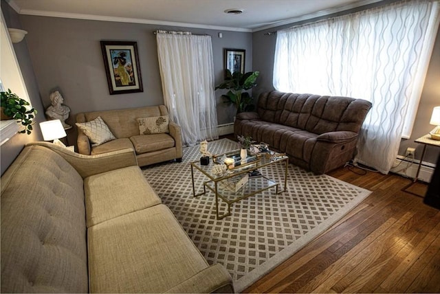 10 Albermarle St, Methuen, MA 01844 - living room with wood-type flooring, ornamental molding, and baseboard heating
