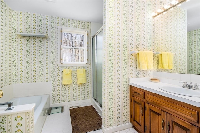 53 Wingfoot Dr, Barnstable, MA 02675 - bathroom featuring wallpapered walls, a shower stall, baseboards, tile patterned flooring, and vanity