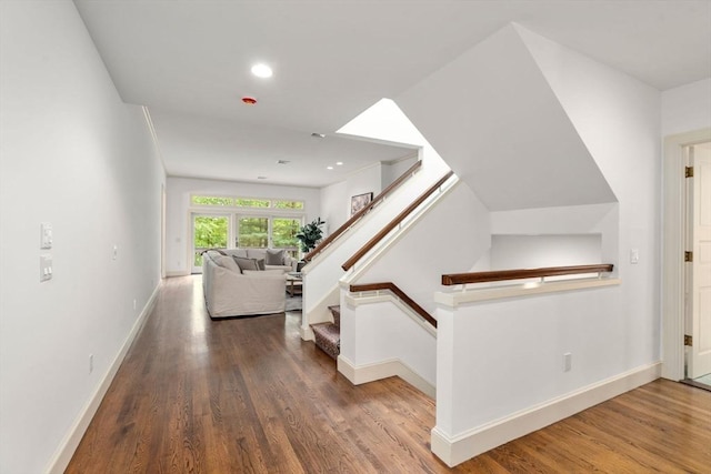 204 Allandale Rd Unit A, Boston, MA 02467 - corridor with wood finished floors, baseboards, recessed lighting, and stairway