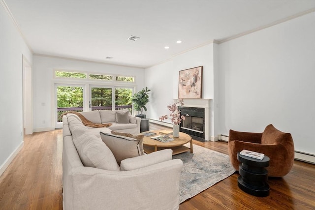 204 Allandale Rd Unit A, Boston, MA 02467 - living room with ornamental molding, a baseboard radiator, a fireplace, light wood finished floors, and baseboard heating