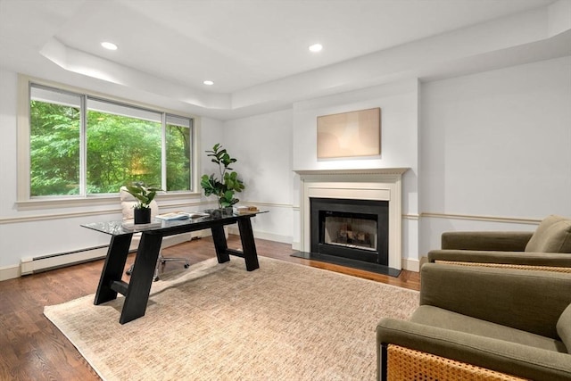204 Allandale Rd Unit A, Boston, MA 02467 - office with wood finished floors, a tray ceiling, recessed lighting, and a fireplace with flush hearth