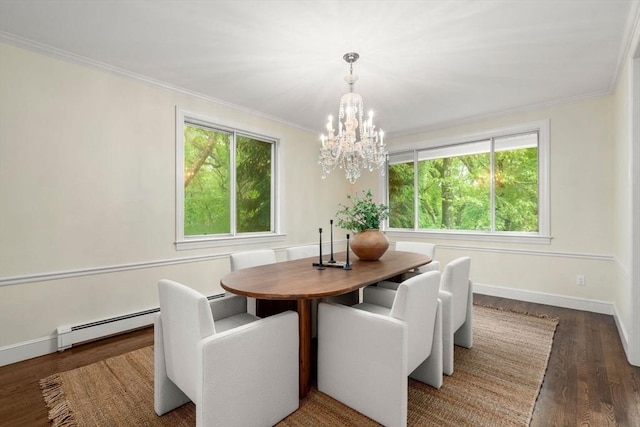 204 Allandale Rd Unit A, Boston, MA 02467 - dining room with crown molding, a chandelier, wood finished floors, a baseboard heating unit, and baseboards