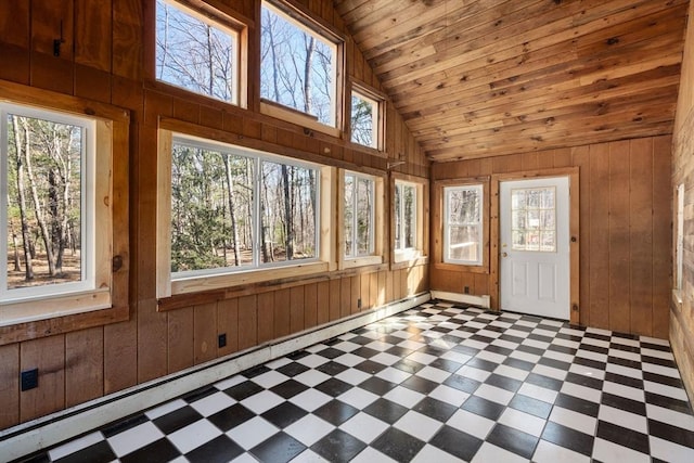 unfurnished sunroom featuring a baseboard radiator, lofted ceiling, and wood ceiling