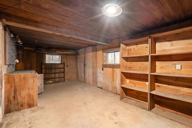 basement featuring wooden ceiling and wood walls