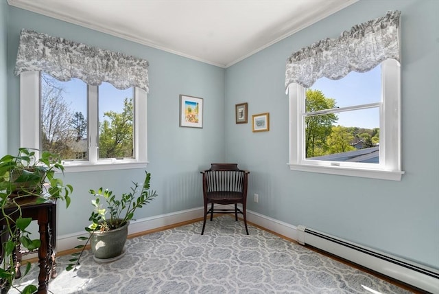 sitting room with baseboards, a healthy amount of sunlight, wood finished floors, and a baseboard radiator