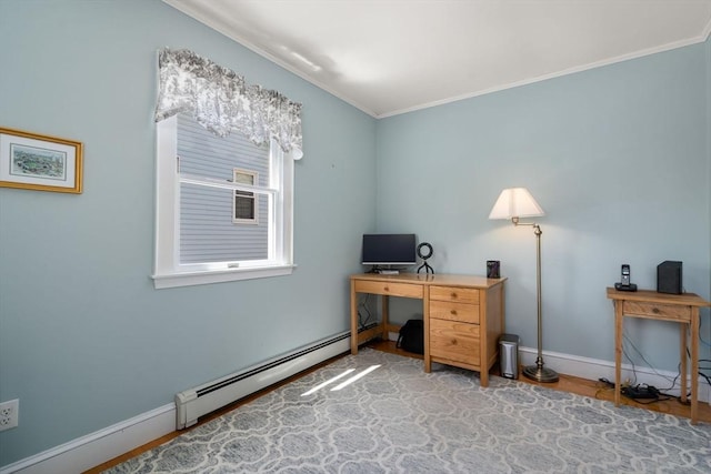 home office featuring crown molding, baseboards, wood finished floors, and a baseboard radiator