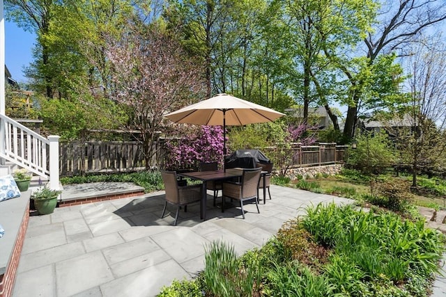view of patio with a fenced backyard, outdoor dining area, and grilling area