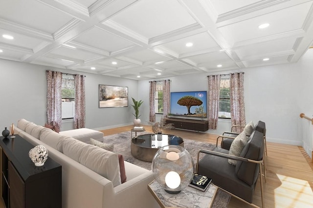 2 Dana Dr, Groveland, MA 01834 - living area with recessed lighting, baseboards, light wood-style flooring, coffered ceiling, and beam ceiling