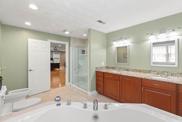 2 Dana Dr, Groveland, MA 01834 - bathroom featuring a stall shower, double vanity, a garden tub, and recessed lighting