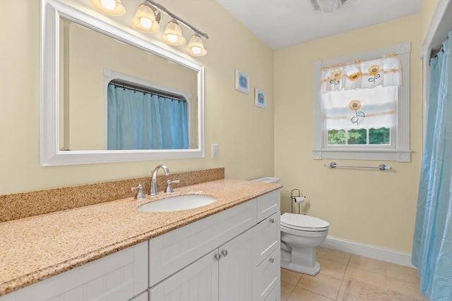 2 Dana Dr, Groveland, MA 01834 - full bathroom featuring vanity, tile patterned floors, toilet, baseboards, and a shower with curtain