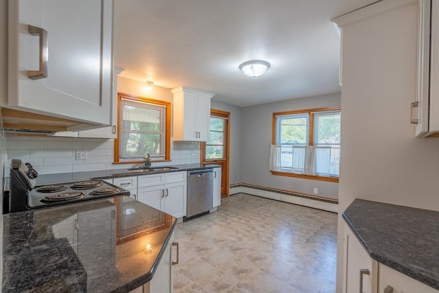 60 Highland Ave, Leominster, MA 01453 - kitchen featuring dishwasher, baseboard heating, a sink, decorative backsplash, and white cabinetry