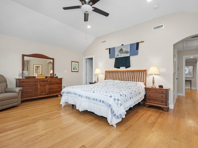 83 Boynton St, Waltham, MA 02453 - bedroom with vaulted ceiling, light wood-style floors, baseboards, recessed lighting, and ceiling fan
