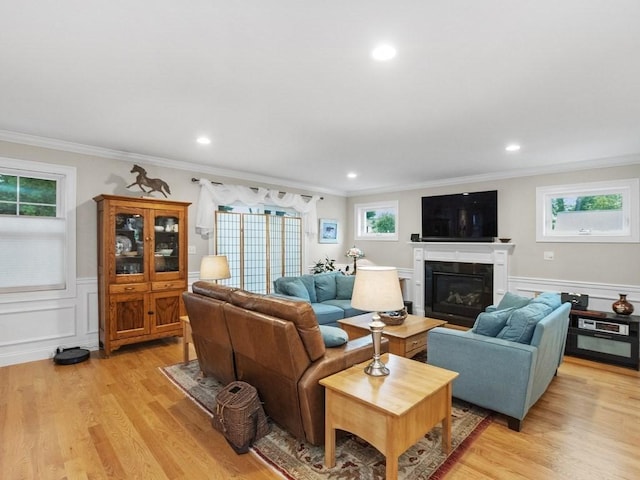 83 Boynton St, Waltham, MA 02453 - living area with crown molding, light wood-style floors, a glass covered fireplace, a wainscoted wall, and recessed lighting