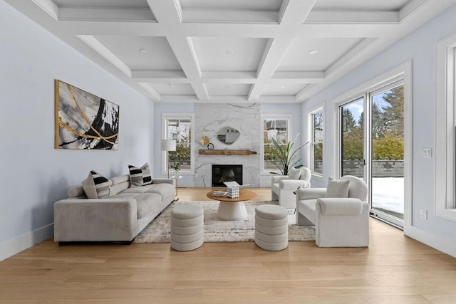 interior space with a fireplace, wood finished floors, coffered ceiling, beamed ceiling, and baseboards