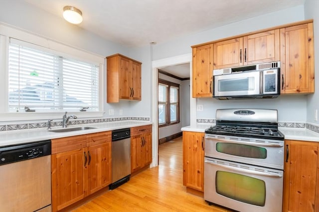 kitchen featuring a sink, stainless steel appliances, light countertops, and a wealth of natural light