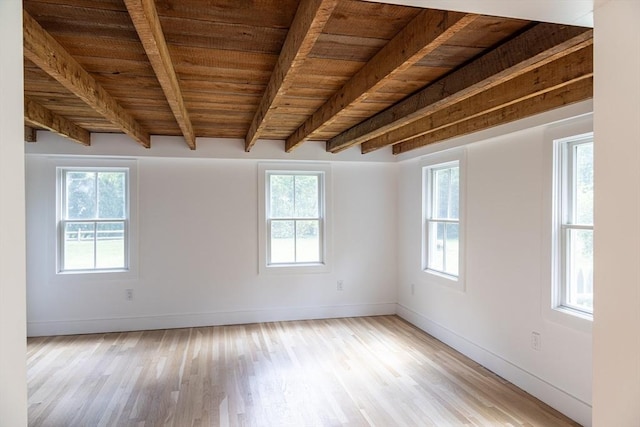 empty room with wood ceiling, a wealth of natural light, and light hardwood / wood-style flooring