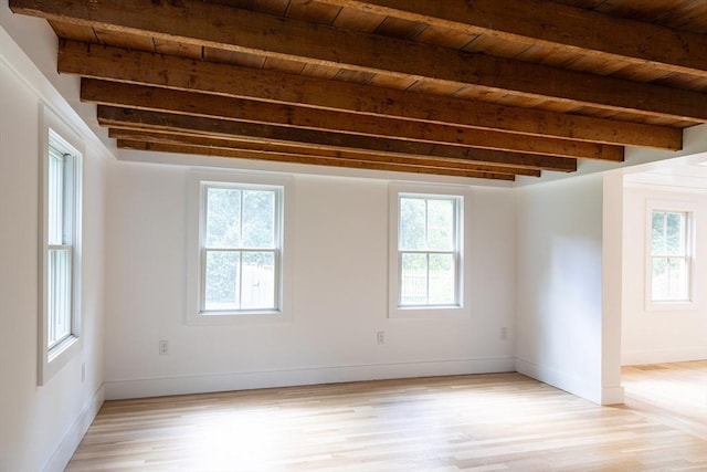 unfurnished room featuring light hardwood / wood-style flooring, beamed ceiling, and wood ceiling