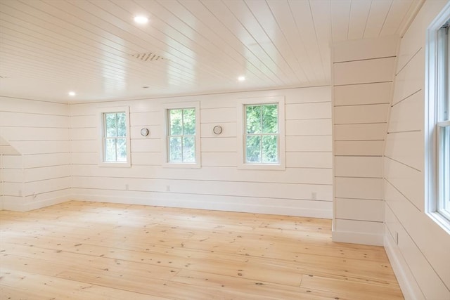 spare room featuring wooden walls, light hardwood / wood-style flooring, and wooden ceiling