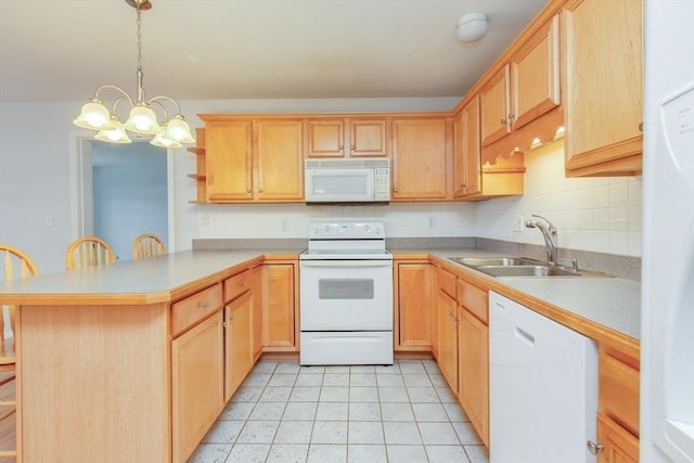 kitchen featuring white appliances, a peninsula, a sink, light countertops, and backsplash