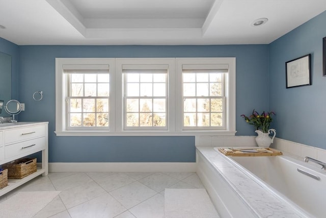 115 Rutledge, Belmont, MA 02478 - full bathroom featuring healthy amount of natural light, vanity, a garden tub, and tile patterned floors