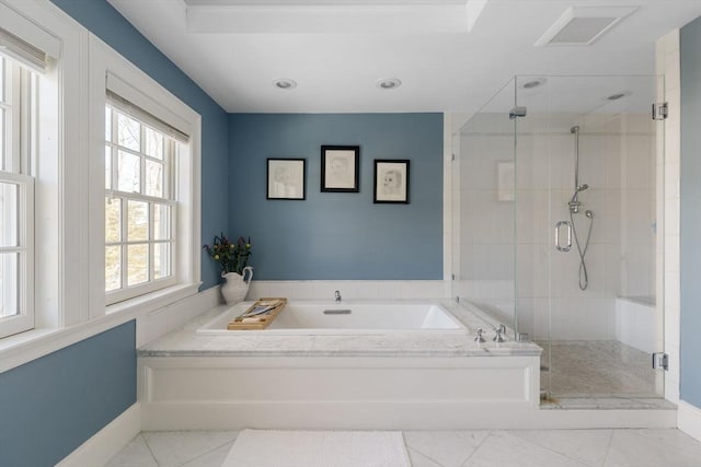 115 Rutledge, Belmont, MA 02478 - bathroom featuring a bath, a shower stall, baseboards, and recessed lighting