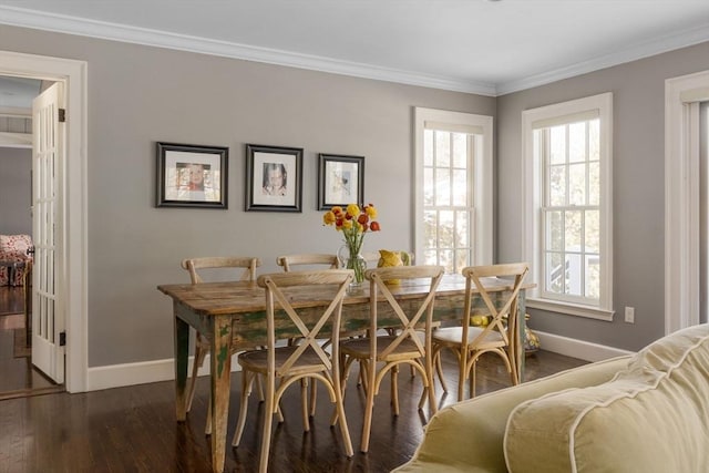 115 Rutledge, Belmont, MA 02478 - dining area featuring baseboards, dark wood-style flooring, and ornamental molding