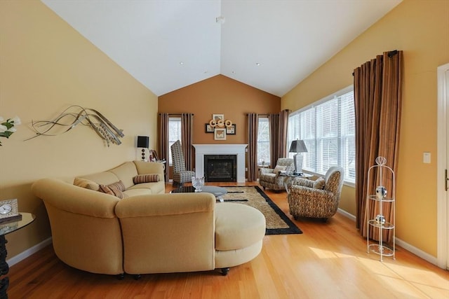 living area with baseboards, vaulted ceiling, wood finished floors, and a premium fireplace