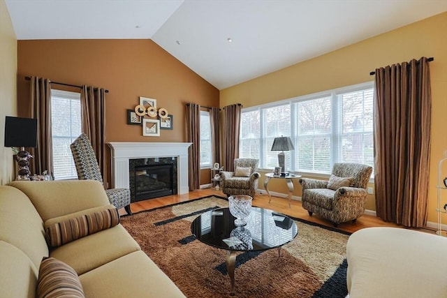 living room featuring a high end fireplace, high vaulted ceiling, and wood finished floors