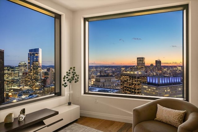 living area with a view of city, baseboards, and wood finished floors