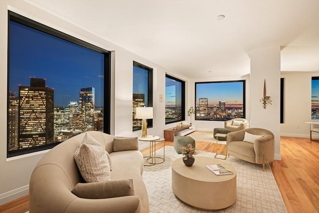 living room with a view of city, wood finished floors, and baseboards