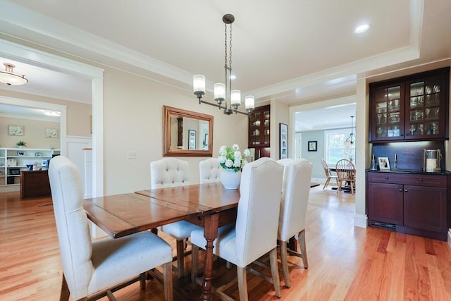 185 Read St, Seekonk, MA 02771 - dining area featuring a chandelier, light wood-style floors, ornamental molding, and recessed lighting