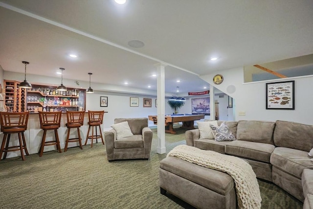 185 Read St, Seekonk, MA 02771 - carpeted living room featuring a bar, billiards table, and recessed lighting