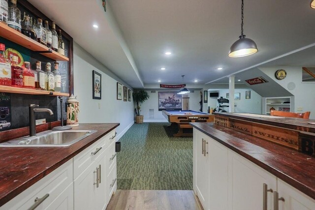 185 Read St, Seekonk, MA 02771 - kitchen featuring a sink, billiards table, recessed lighting, white cabinetry, and pendant lighting