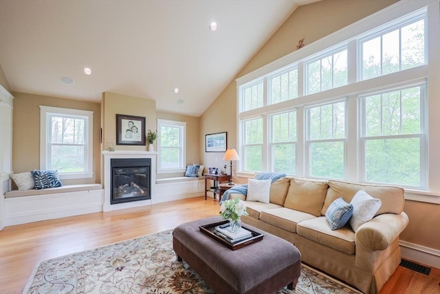 185 Read St, Seekonk, MA 02771 - living area featuring light wood-type flooring, a glass covered fireplace, recessed lighting, and high vaulted ceiling