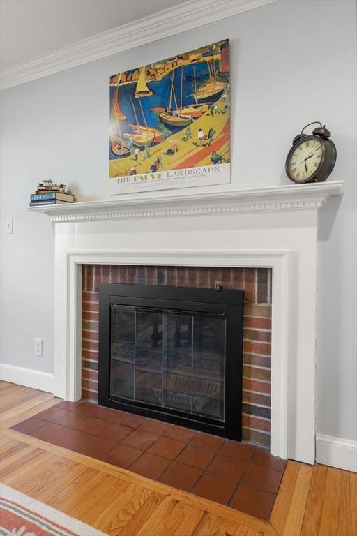 room details with hardwood / wood-style floors, crown molding, and a fireplace