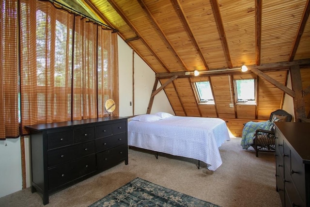 carpeted bedroom with vaulted ceiling with beams, wooden walls, and wood ceiling
