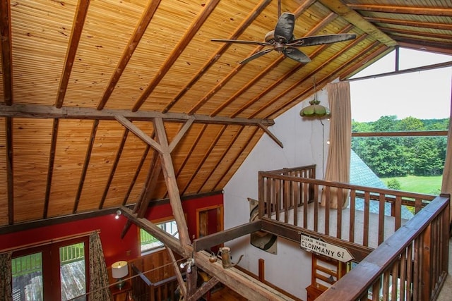 interior space featuring a ceiling fan, high vaulted ceiling, wooden ceiling, and beam ceiling